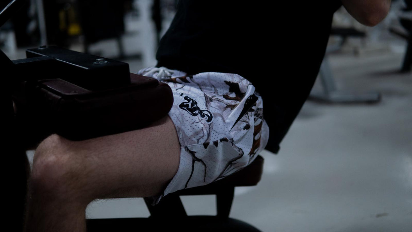 Goat Strength 5 inch inseam arctic Camo shorts | Snow Camo gym shorts | realistic white Camouflage athletic shorts - Zipper pockets - Men's Shorts