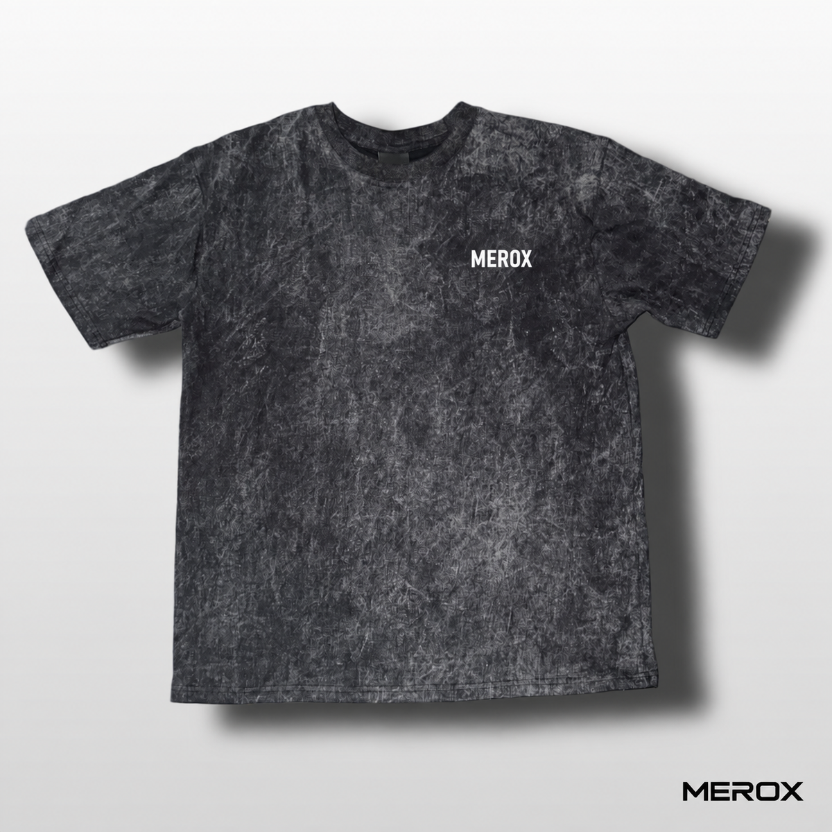 MEROX black and white acid wash T-shirt front with small white chest logo
