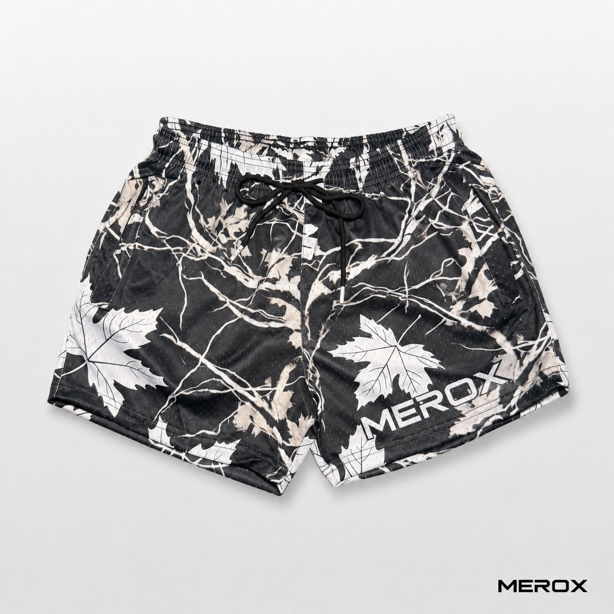 MEROX black and white maple camo 5-inch mesh shorts front view