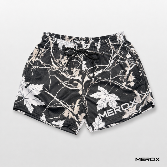 MEROX black and white maple camo 5-inch mesh shorts front view