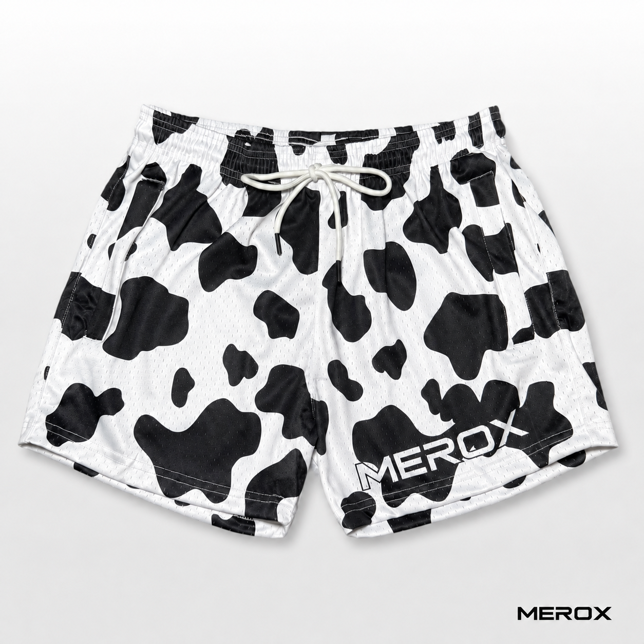 MEROX Black and White Cow Print 5-inch mesh shorts front view