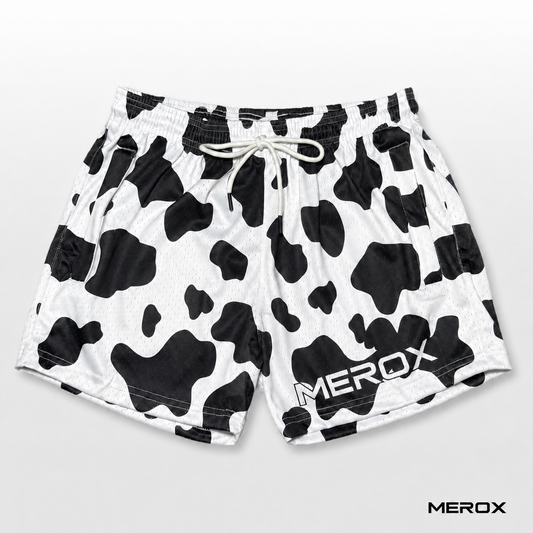 MEROX Black and White Cow Print 5-inch mesh shorts front view