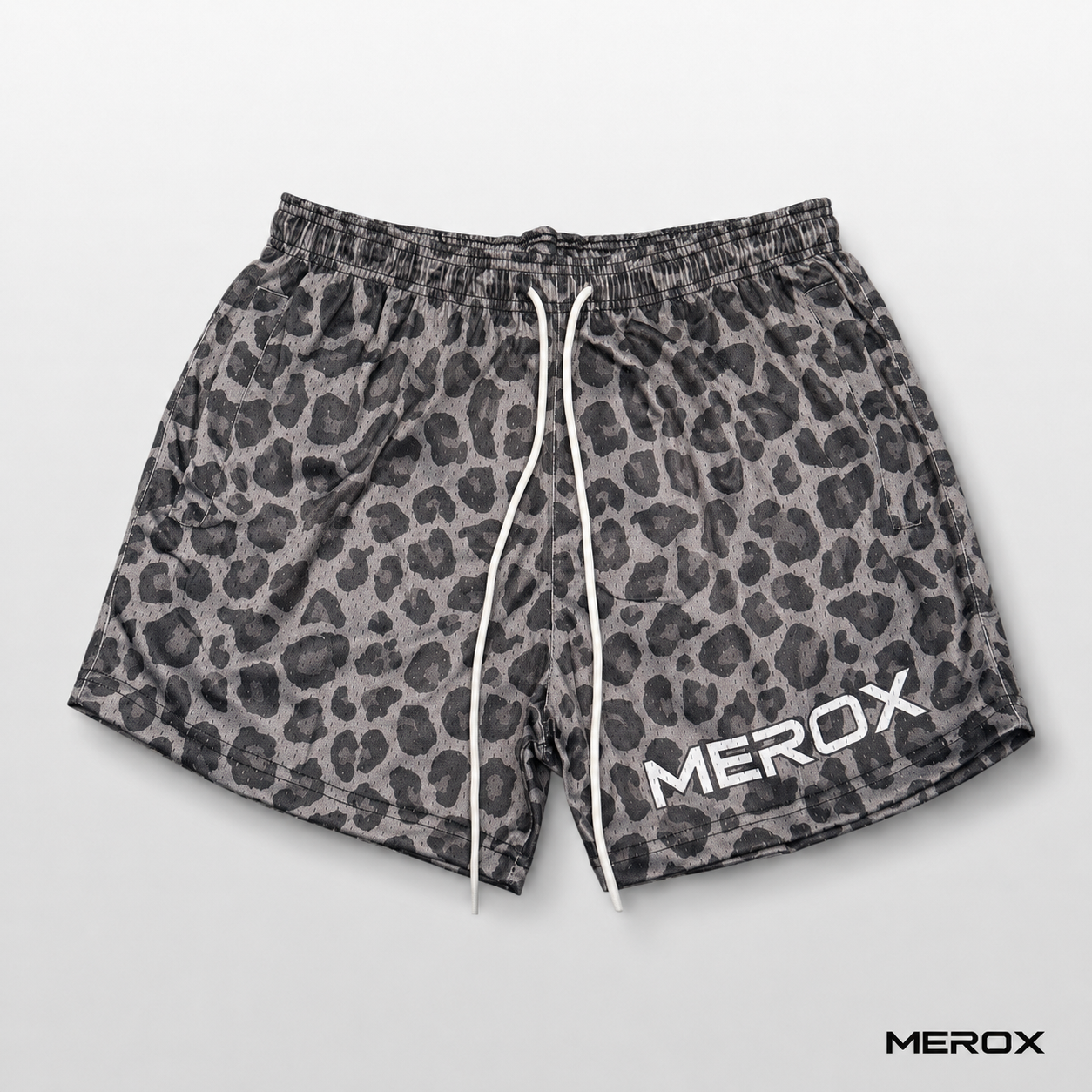 Dark cheetah leopard print mesh shorts front view
