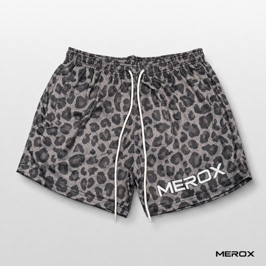 Dark cheetah leopard print mesh shorts front view