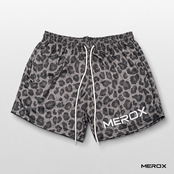 Dark cheetah leopard print mesh shorts front view