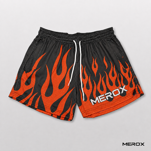 MEROX Black and Orange Flame mesh shorts front