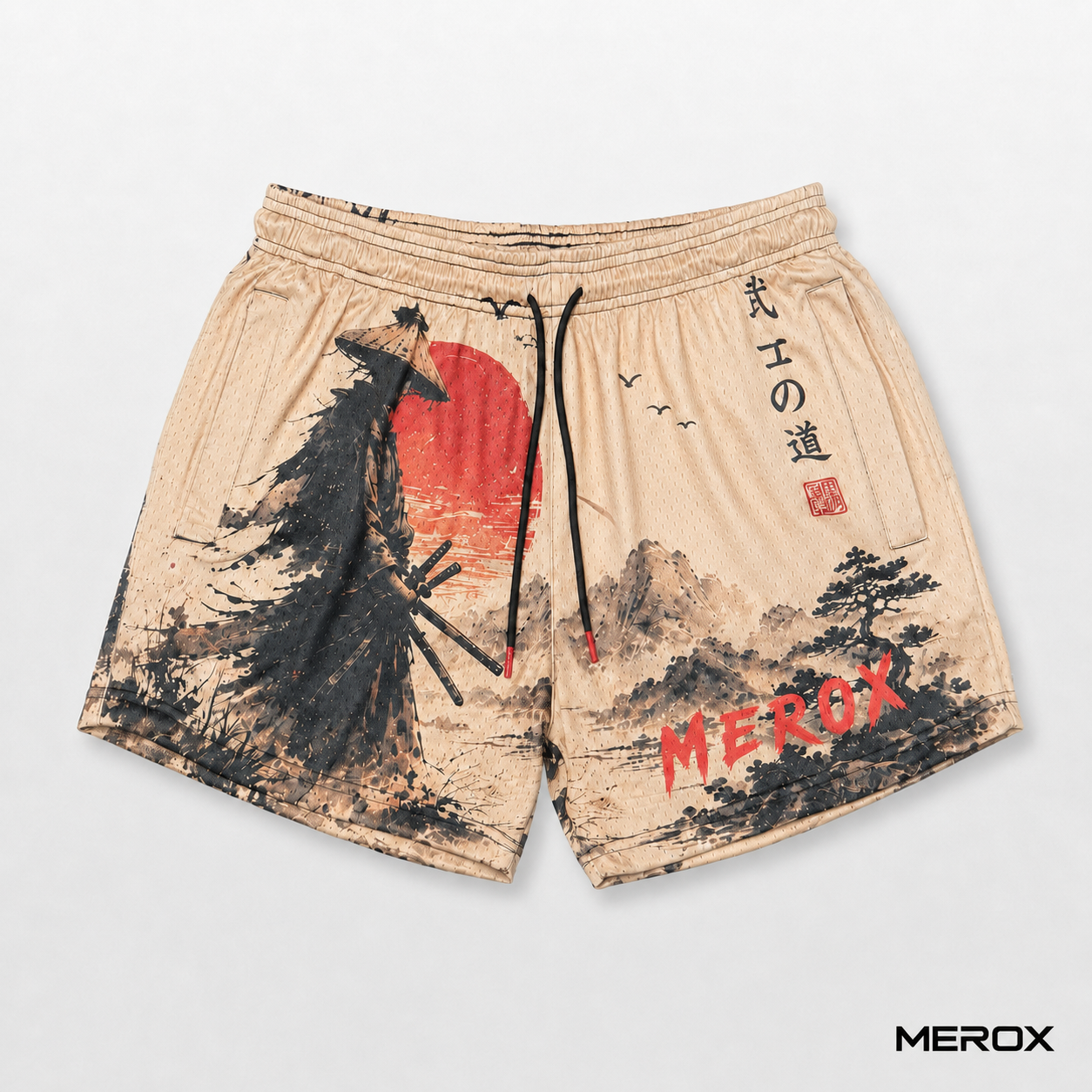 MEROX Japanese samurai mesh gym shorts front view in tan black and red