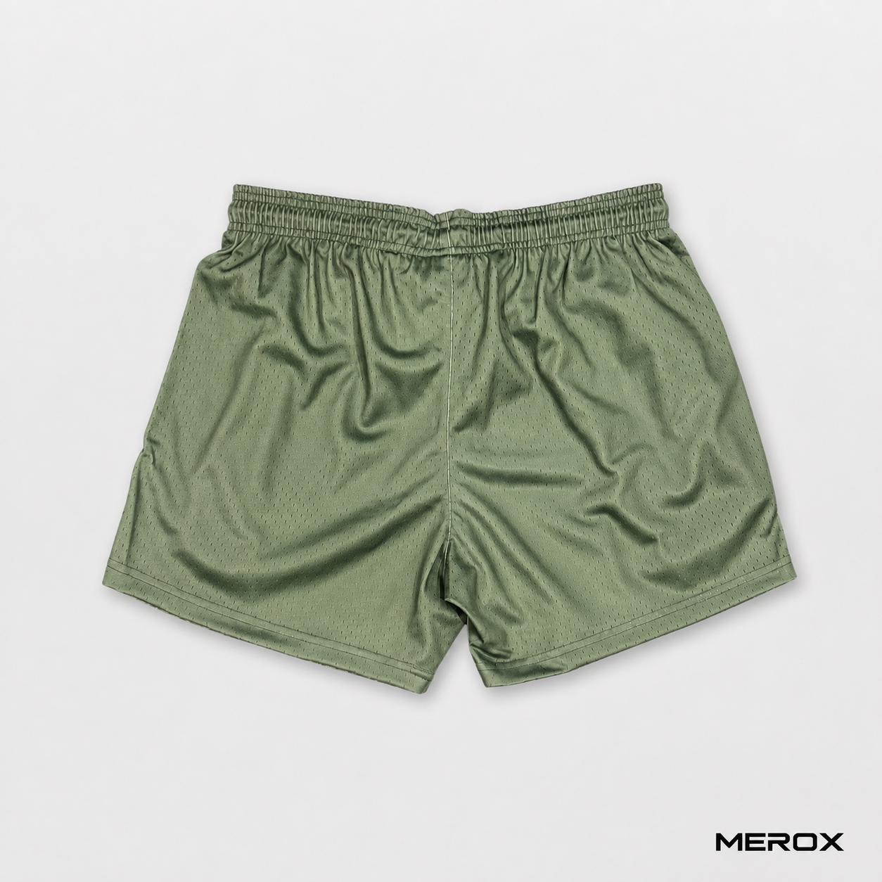 MEROX olive green 5 inch mesh shorts front view