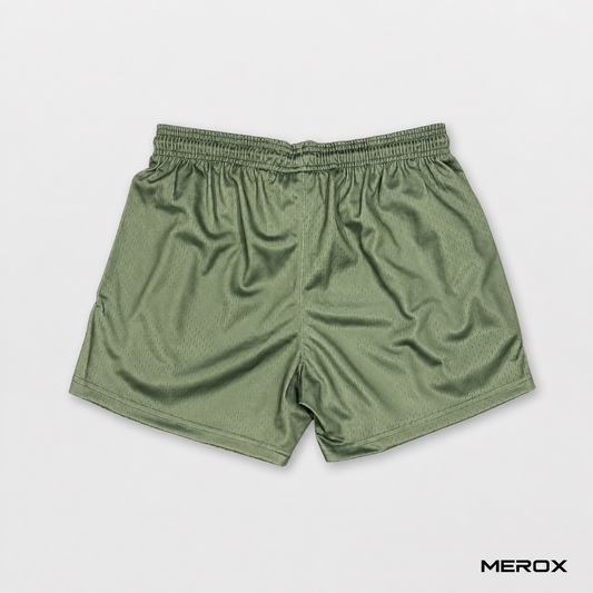 MEROX olive green 5 inch mesh shorts front view