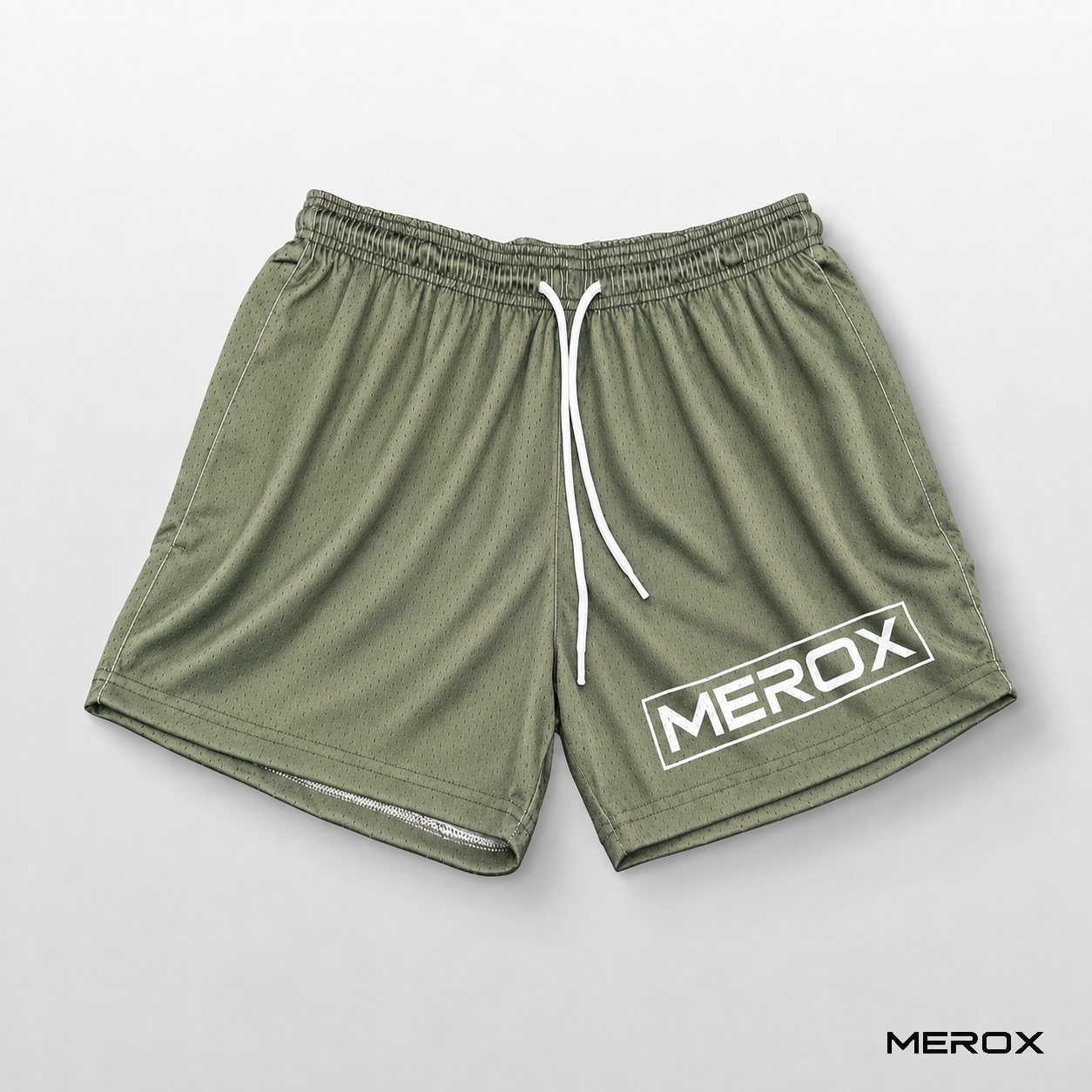 MEROX Olive Green 5-inch mesh shorts front view