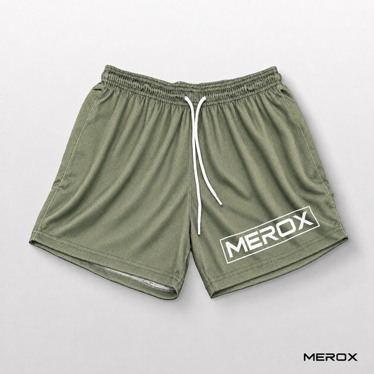 MEROX Olive Green 5-inch mesh shorts front view