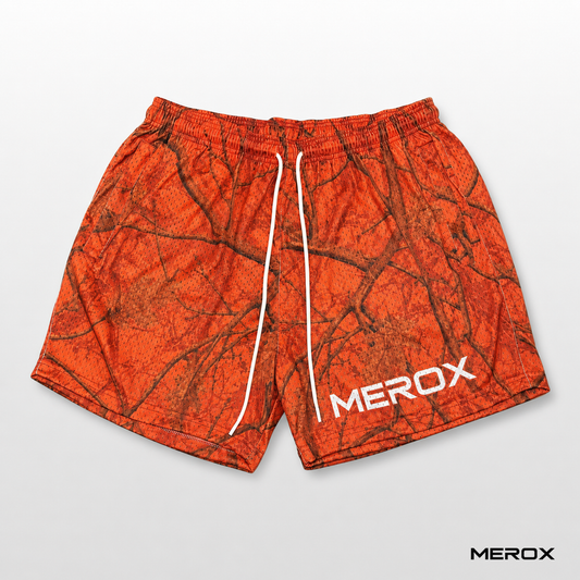 MEROX Orange Camo 5-Inch Mesh Shorts front view