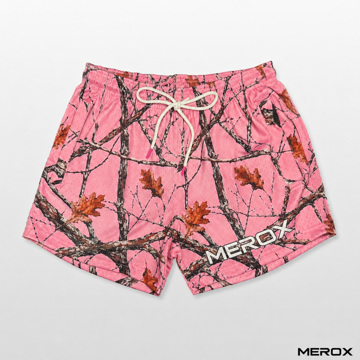 MEROX Pink Camo 5-inch mesh shorts front view