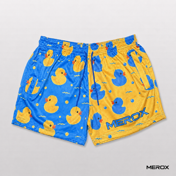 Front view of MEROX blue and yellow rubber duck mesh shorts with adjustable drawstring
