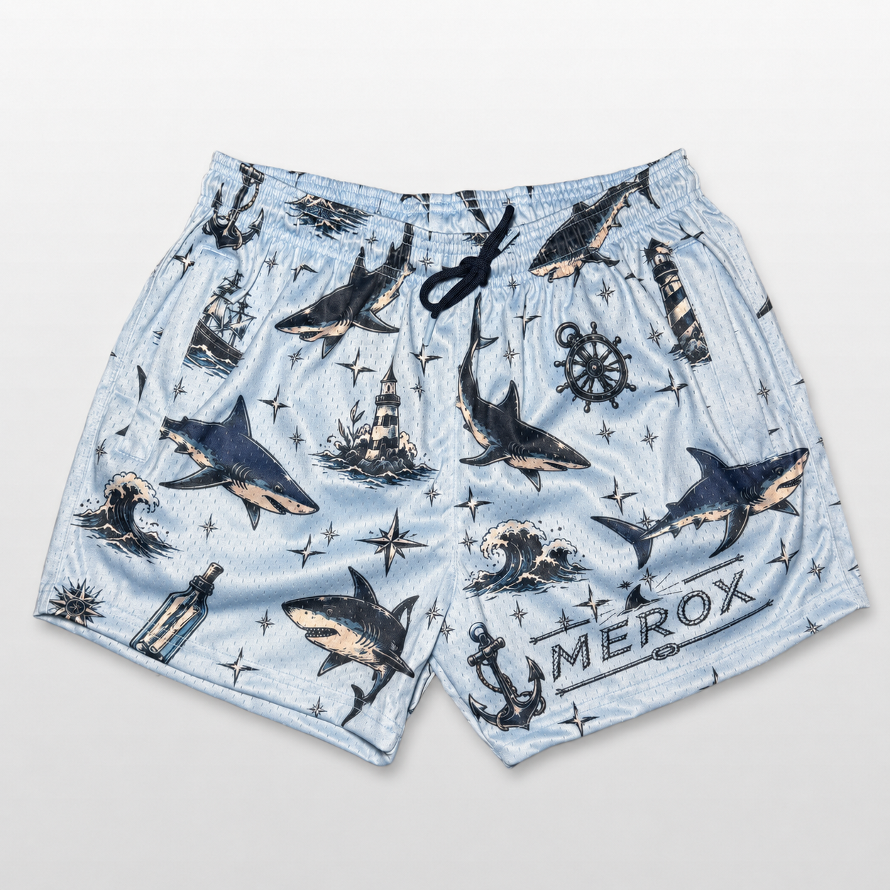 MEROX Shark and Nautical mesh shorts front view