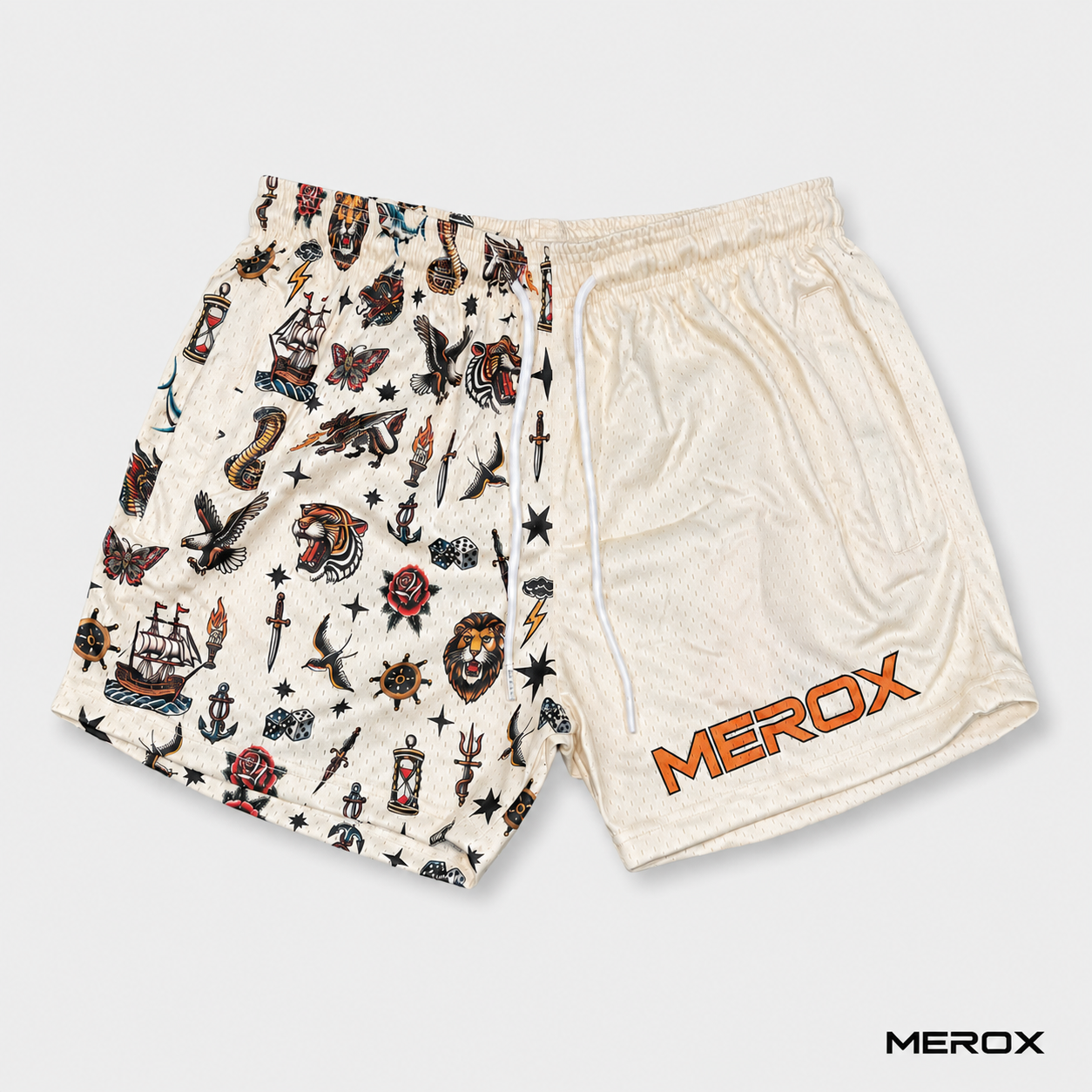 MEROX Traditional Tattoo 5-inch mesh shorts front view