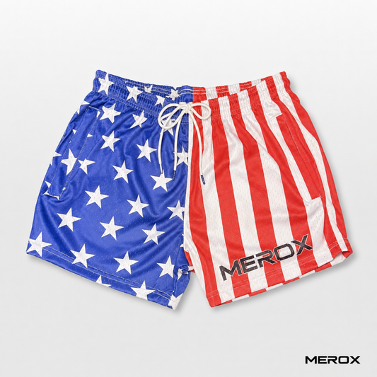 MEROX USA American flag 5 inch mesh shorts front view
