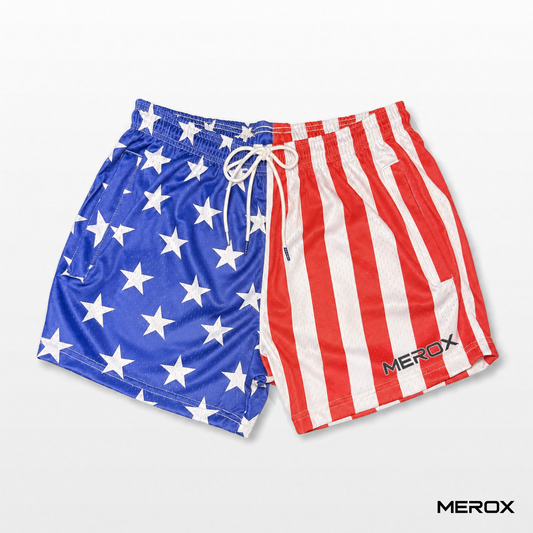 Front view of MEROX USA American flag mesh shorts with a small black MEROX logo, white drawstring, blue star panel and red-and-white striped panel.
