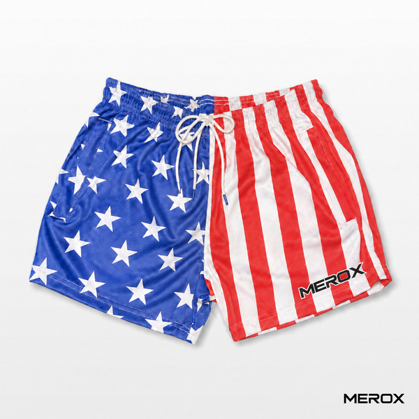 Front view of MEROX USA American flag mesh shorts with a small black MEROX logo, white drawstring, blue star panel and red-and-white striped panel.