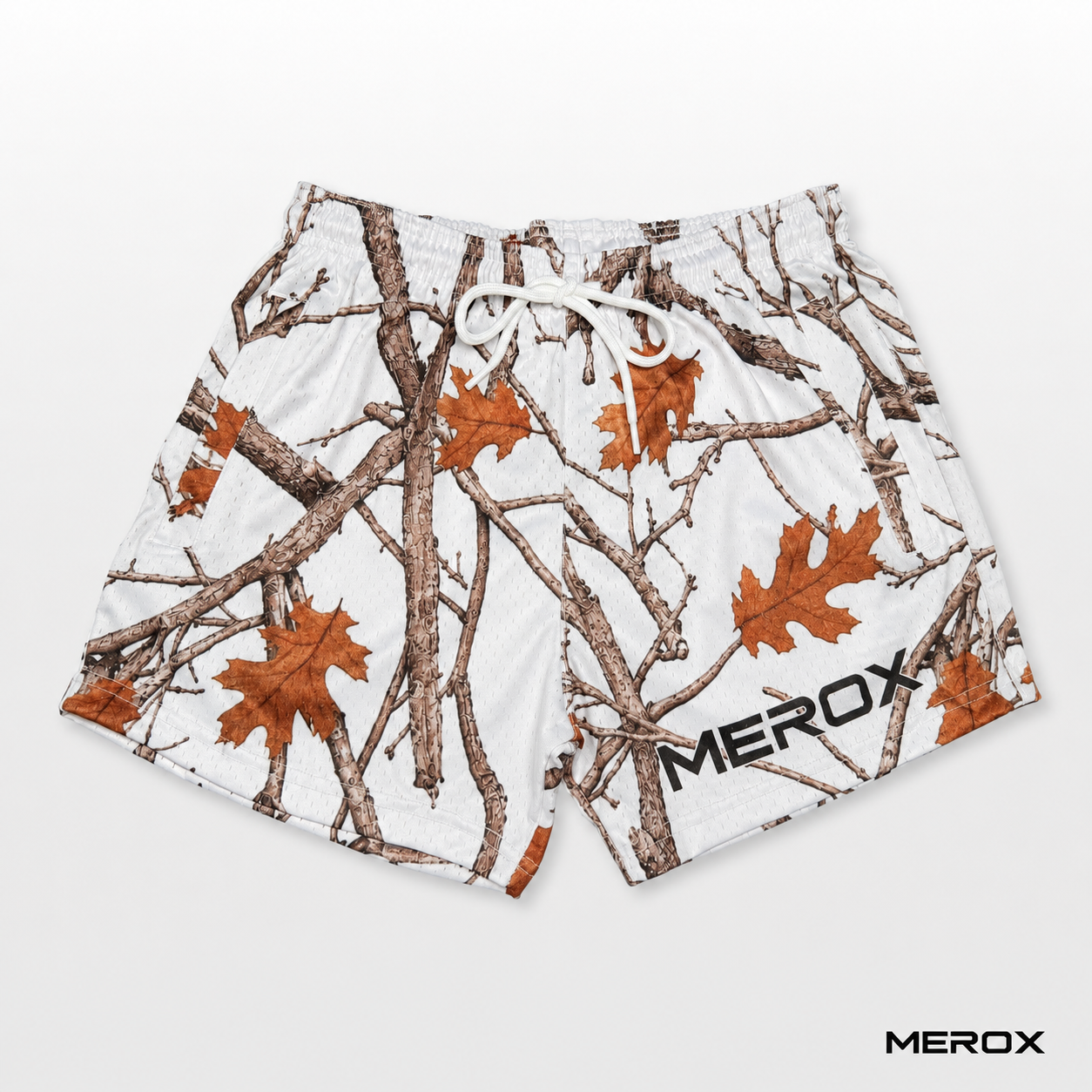 MEROX White Camo 5-inch mesh shorts front view