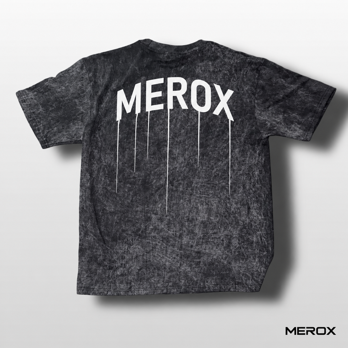 MEROX black and white acid wash T-shirt back with large white drip wordmark