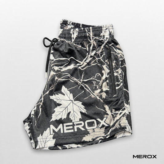 MEROX black and white maple camo 5-inch mesh shorts side view
