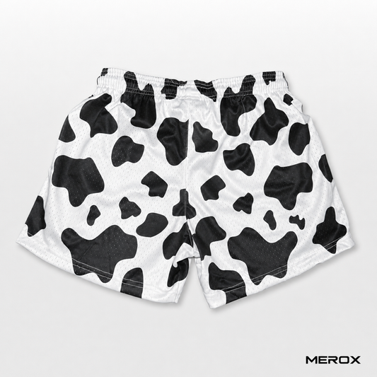 MEROX Black and White Cow Print 5-inch mesh shorts back view