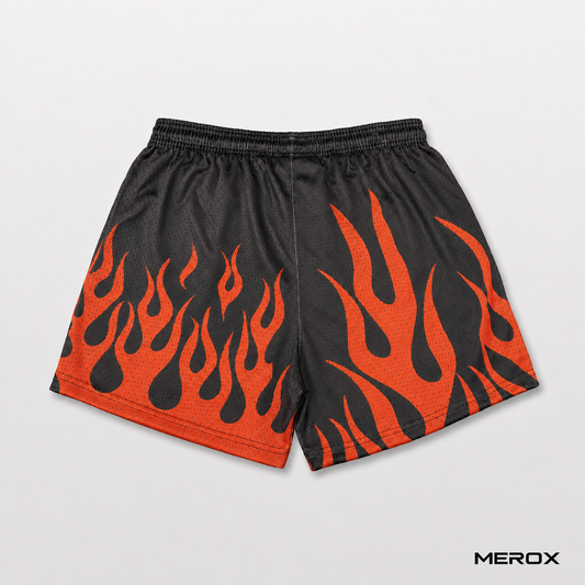 MEROX Black and Orange Flame mesh shorts back