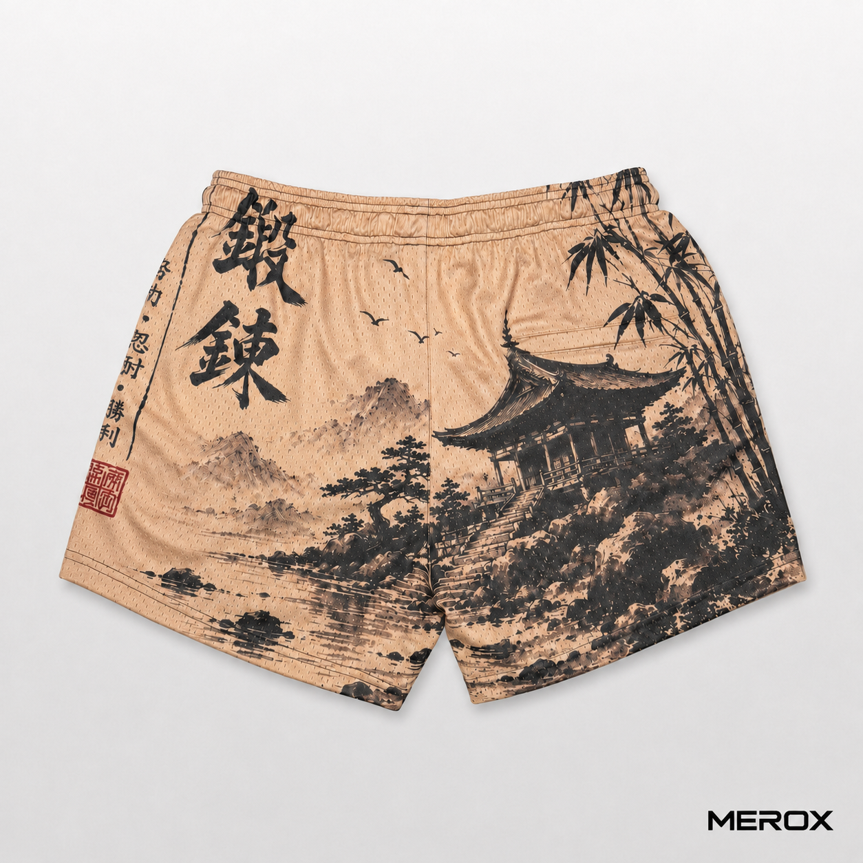 MEROX Japanese samurai mesh gym shorts back view with mountain temple and bamboo artwork