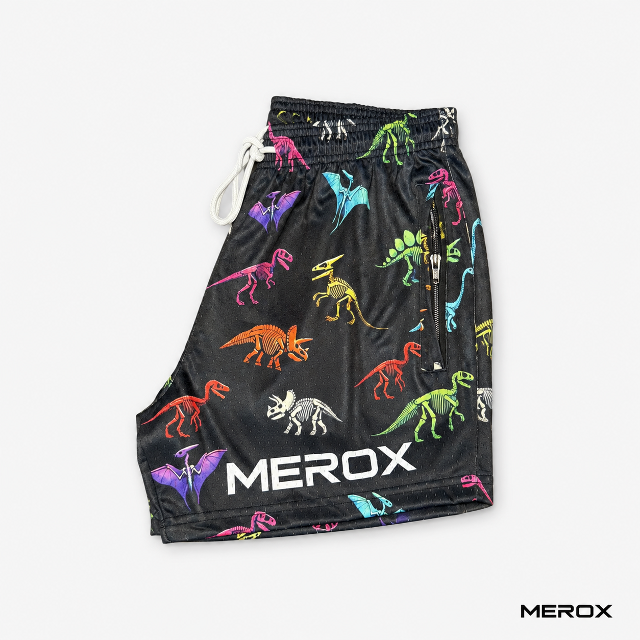 MEROX Dinosaur mesh shorts detail view