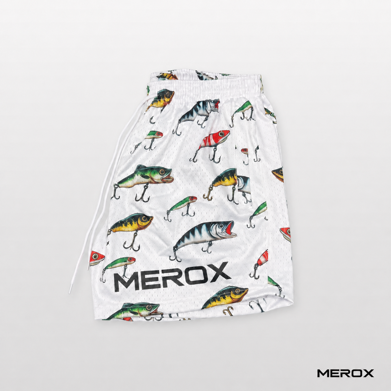 MEROX Fishing Lure mesh shorts side view with MEROX logo