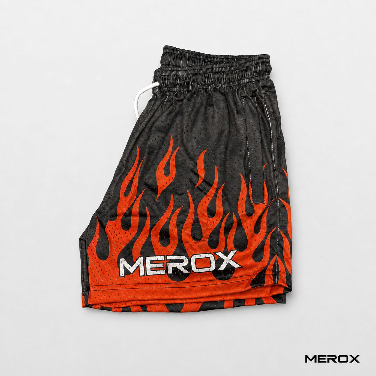 MEROX Black and Orange Flame mesh shorts side and logo