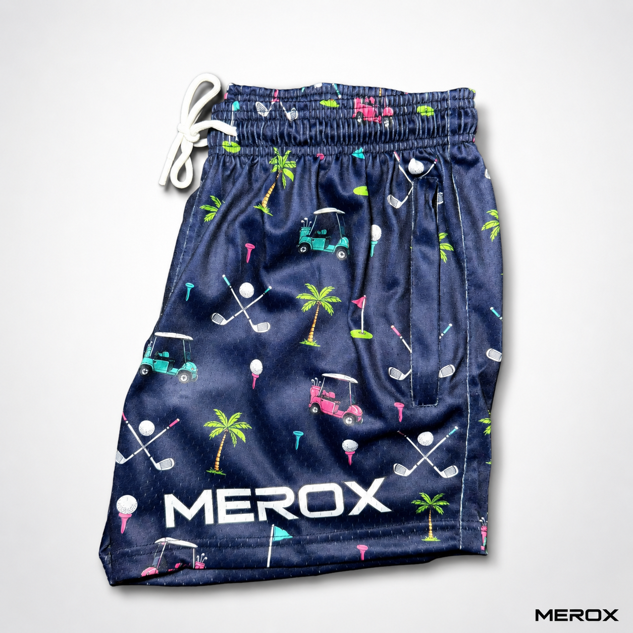 MEROX Golf mesh shorts side view with drawstring and logo