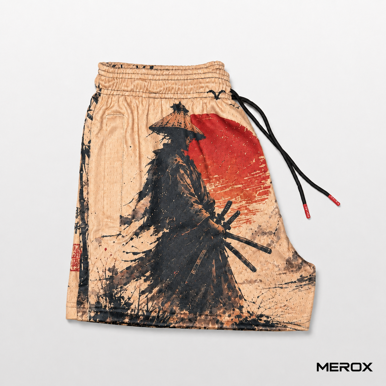 MEROX Japanese samurai mesh shorts side view with warrior and red sun design