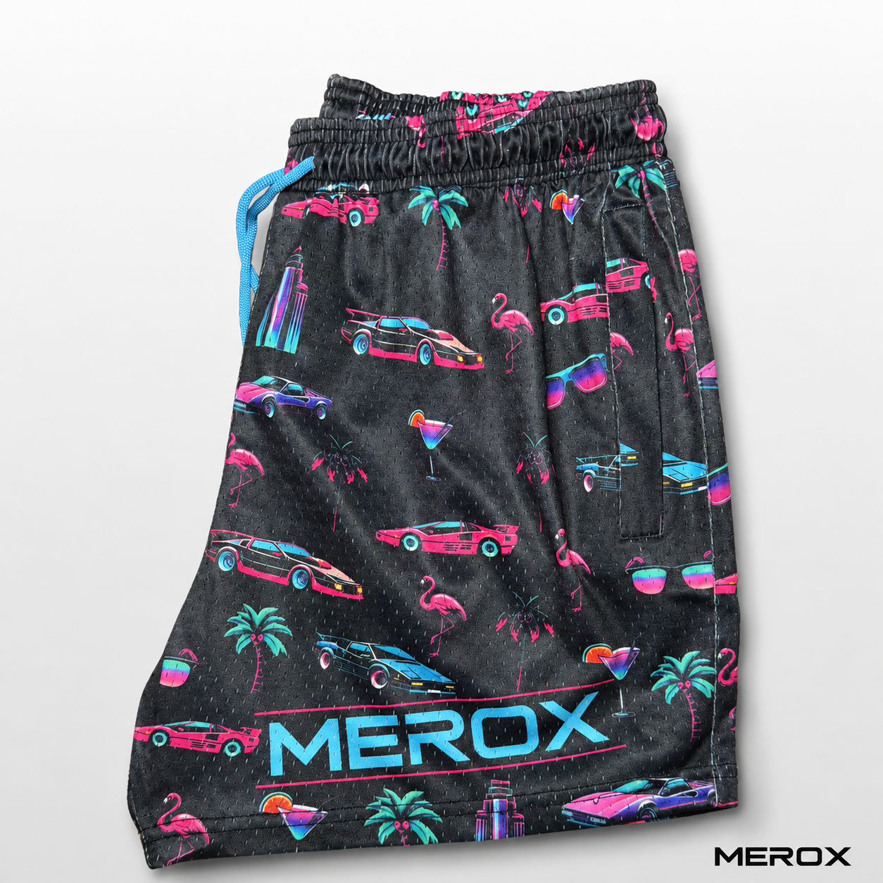 MEROX Miami Vice mesh shorts side view with neon logo