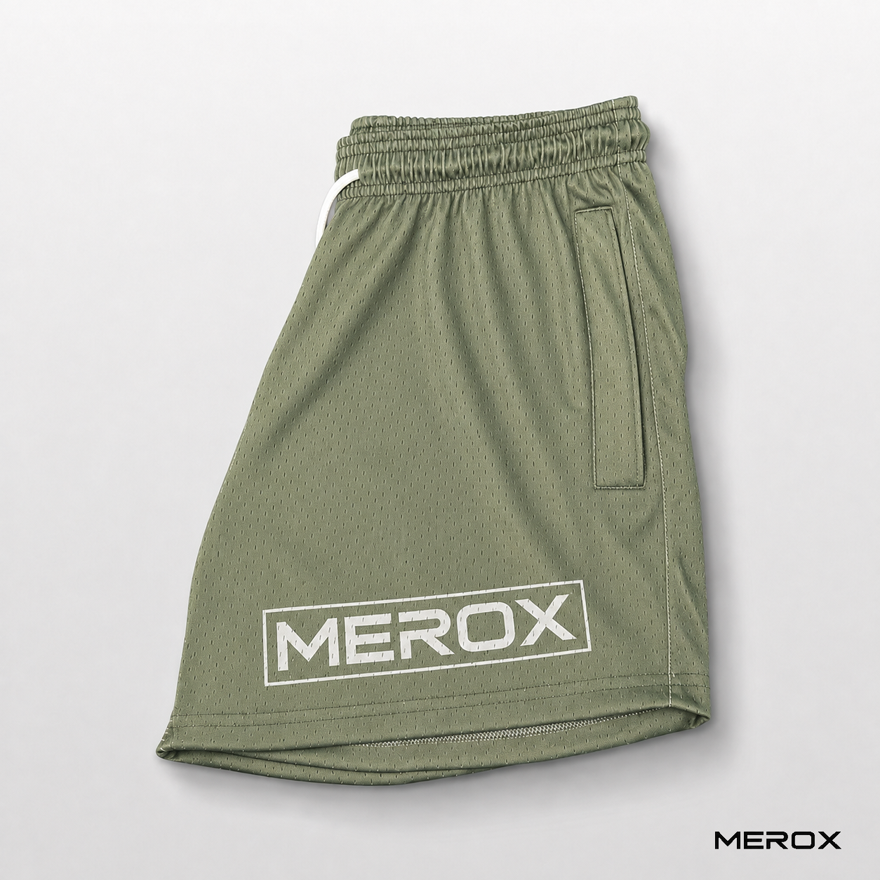 MEROX Olive Green mesh shorts side logo view