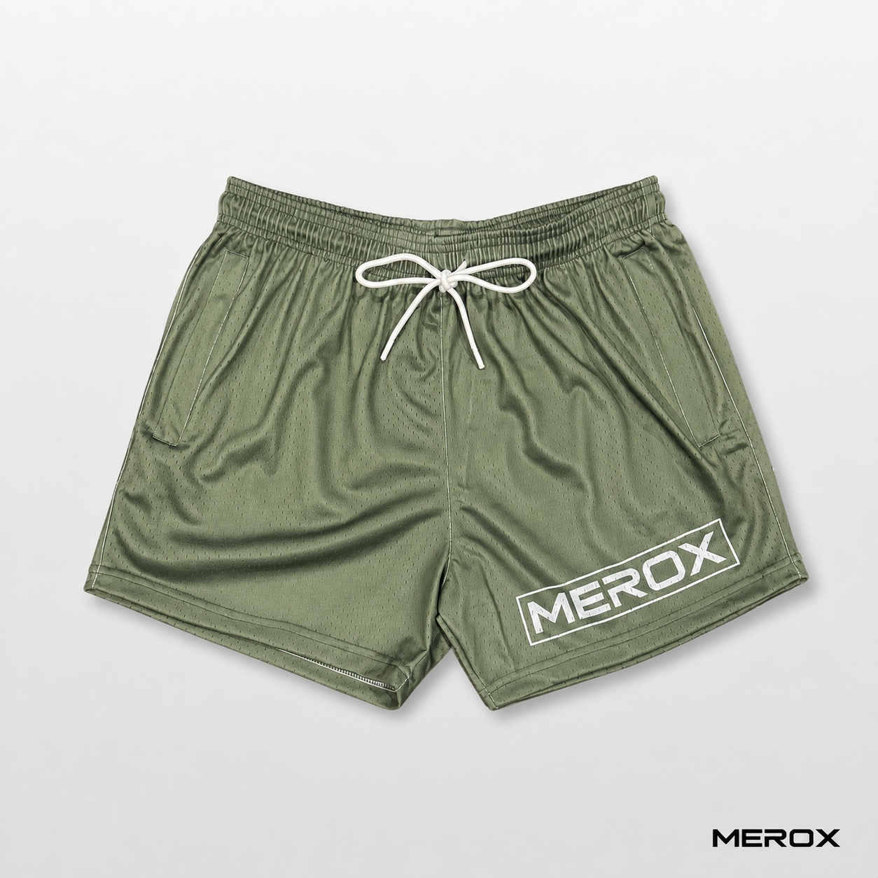 MEROX olive green 5 inch mesh shorts side view