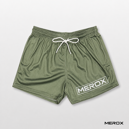MEROX olive green 5 inch mesh shorts side view