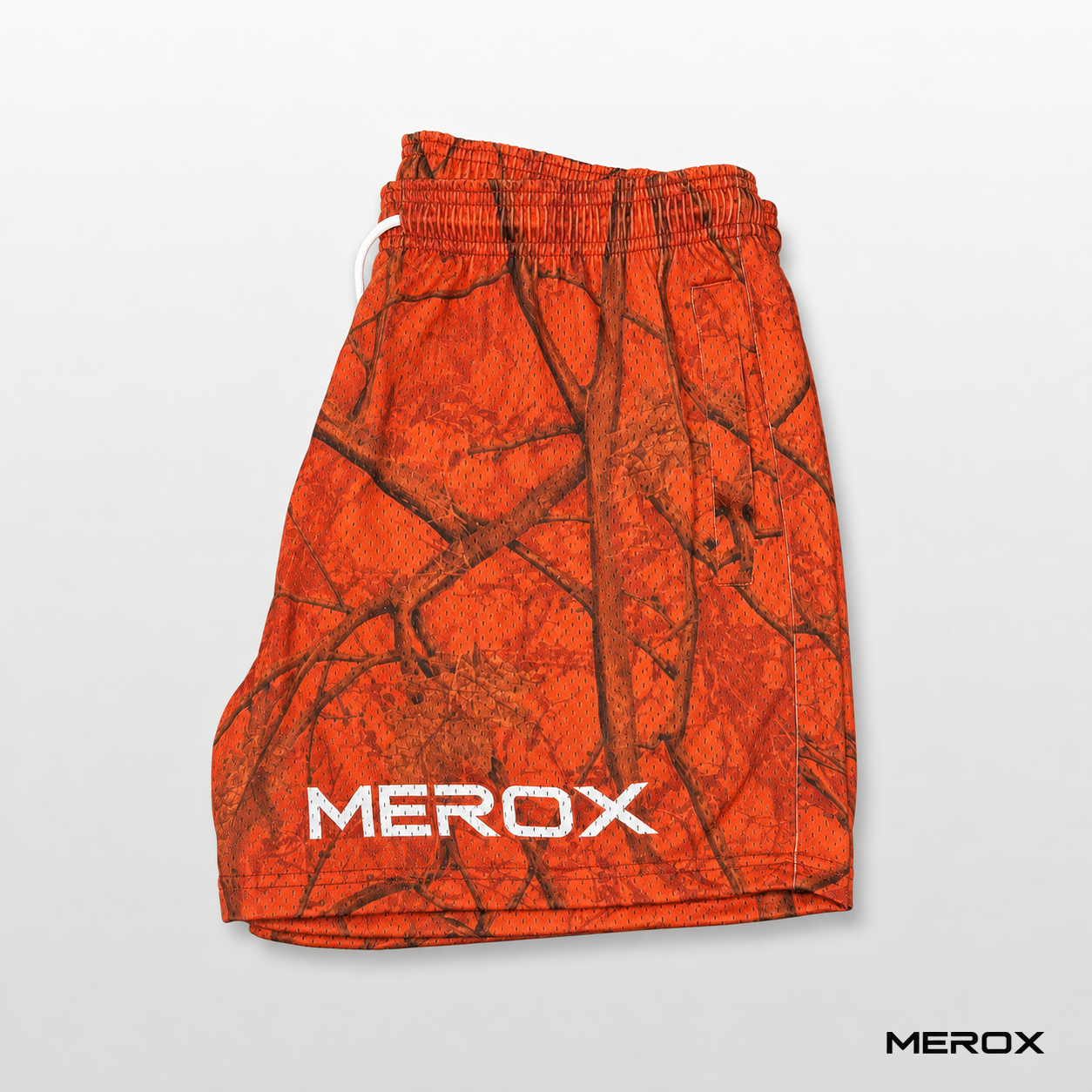 MEROX Orange Camo 5-Inch Mesh Shorts side and logo view