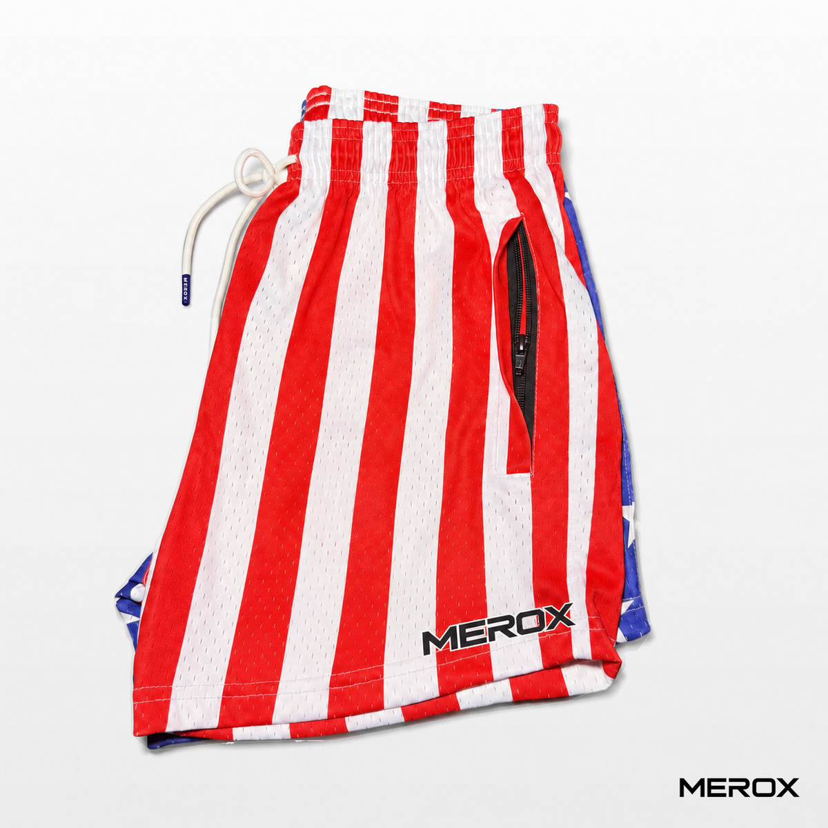 Side view of MEROX USA striped mesh shorts with a small MEROX logo and the zipper pocket shown between its fabric flaps.