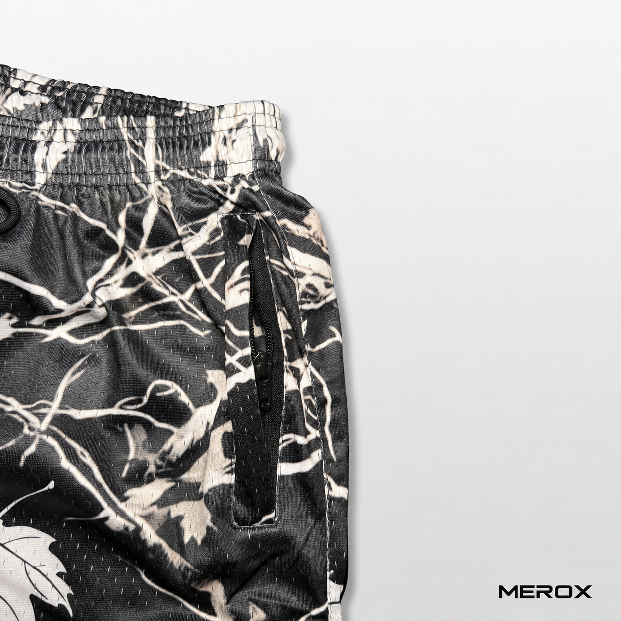 MEROX black and white maple camo mesh shorts zipper pocket detail