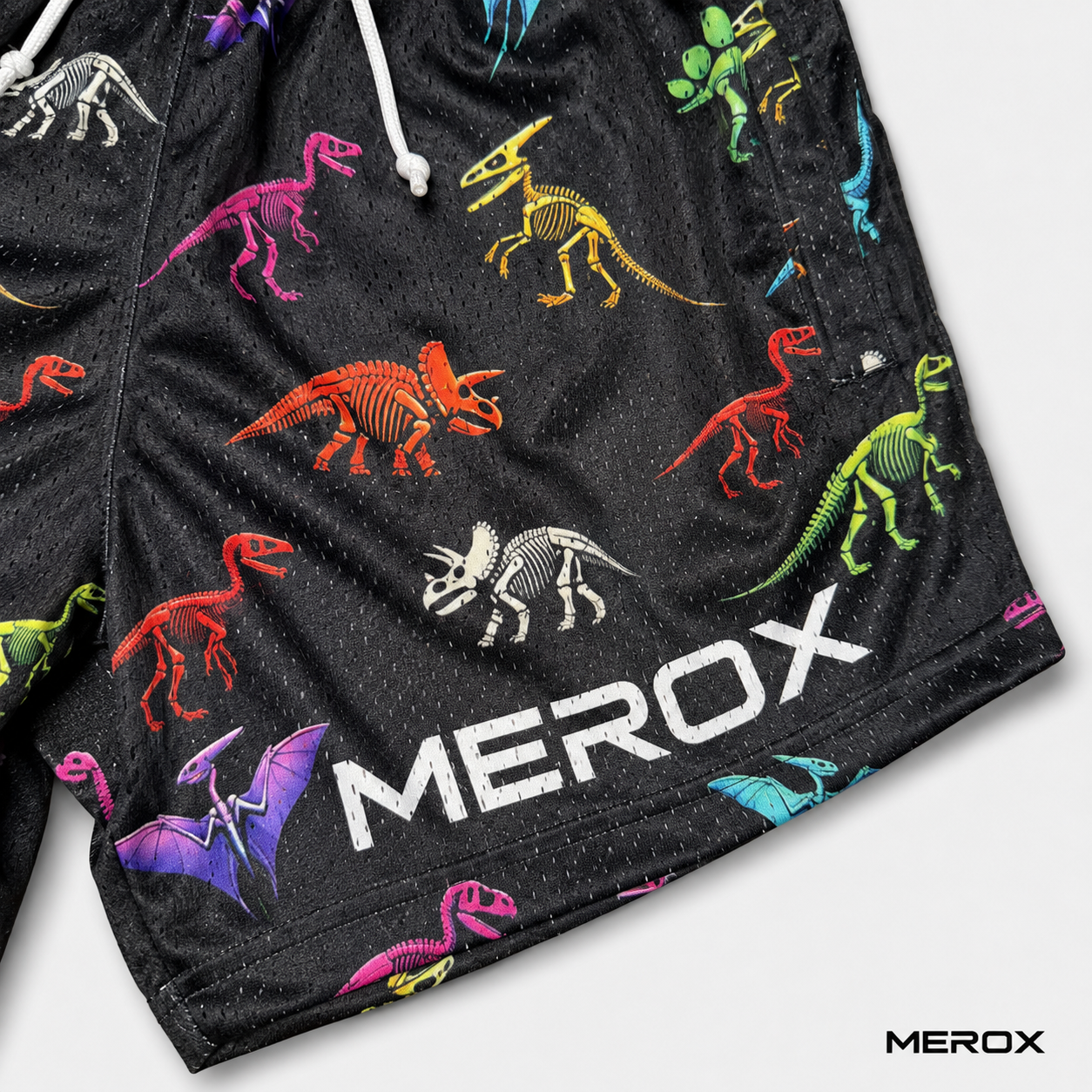 MEROX Dinosaur mesh shorts close-up
