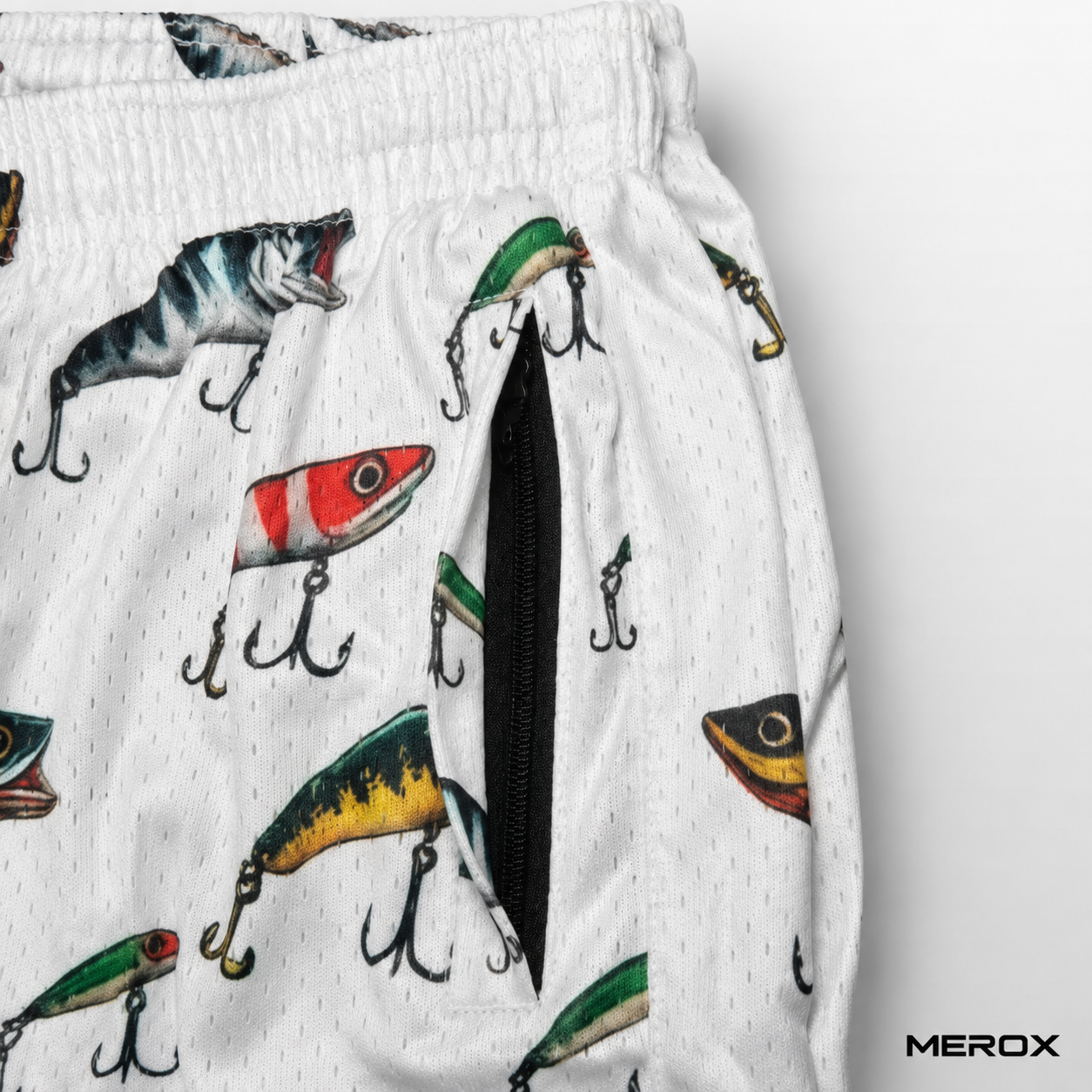 MEROX Fishing Lure mesh shorts zipper pocket close-up