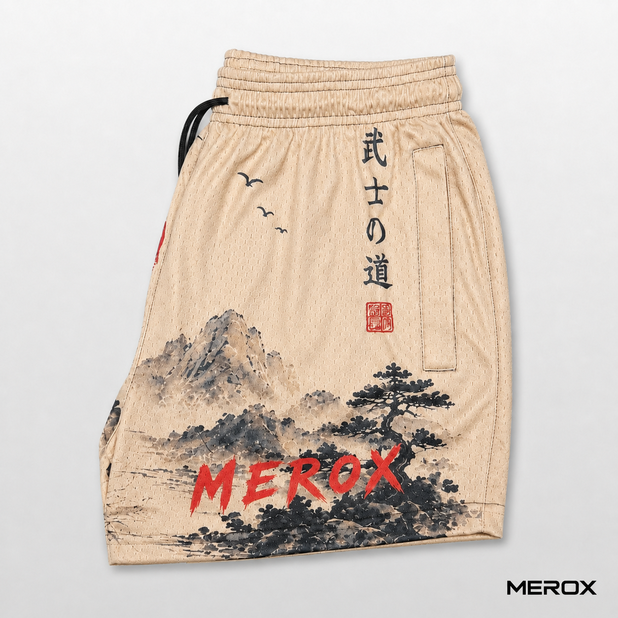 MEROX Japanese samurai mesh shorts alternate side view with mountain landscape artwork