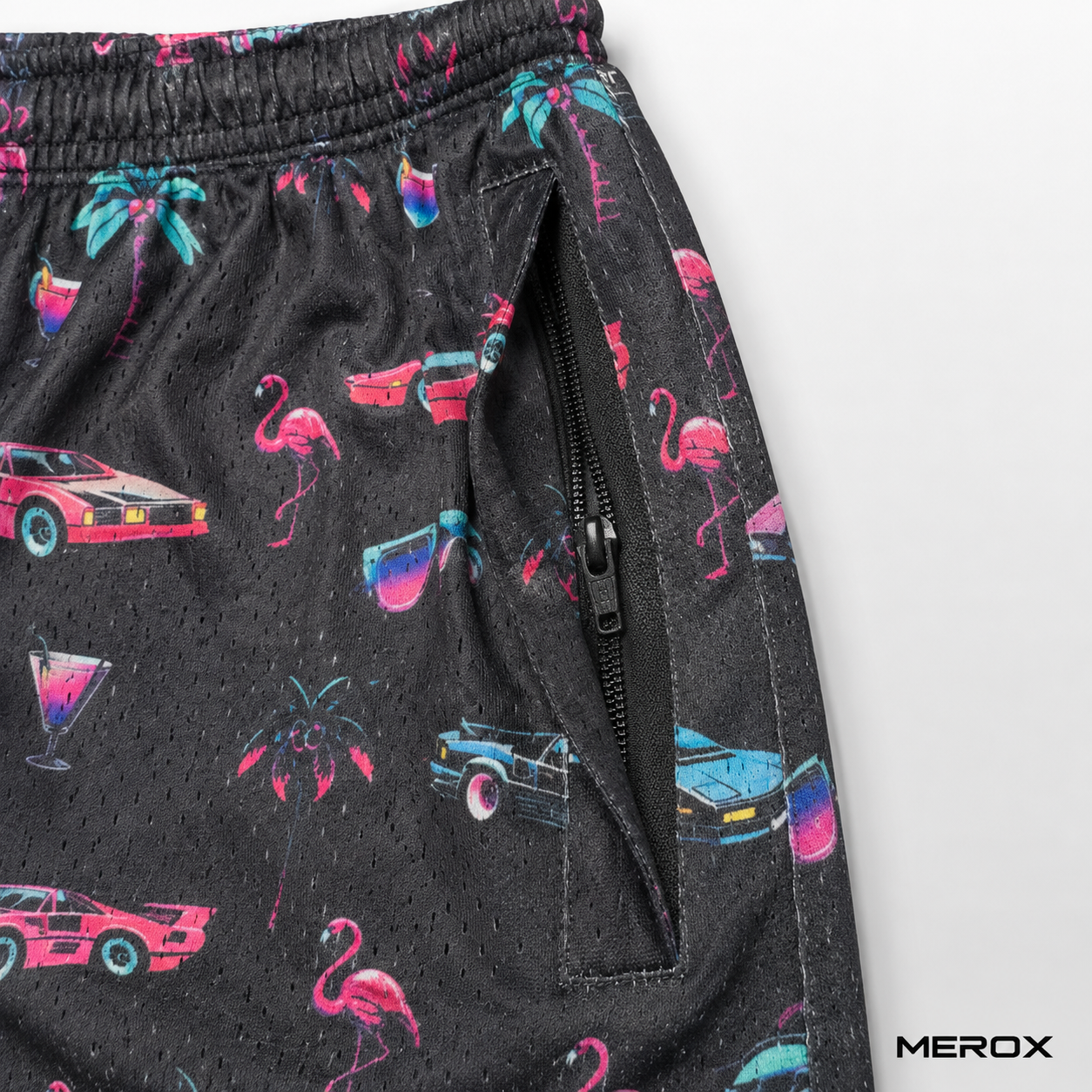 MEROX Miami Vice mesh shorts zipper pocket detail