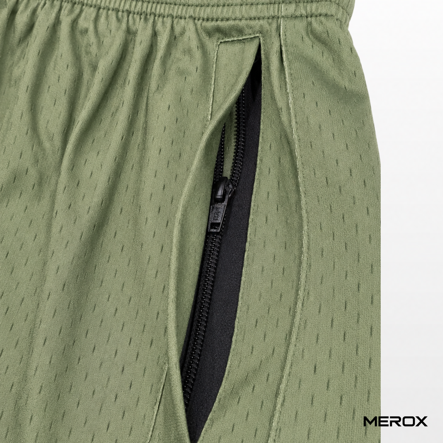 MEROX olive green mesh shorts detail view