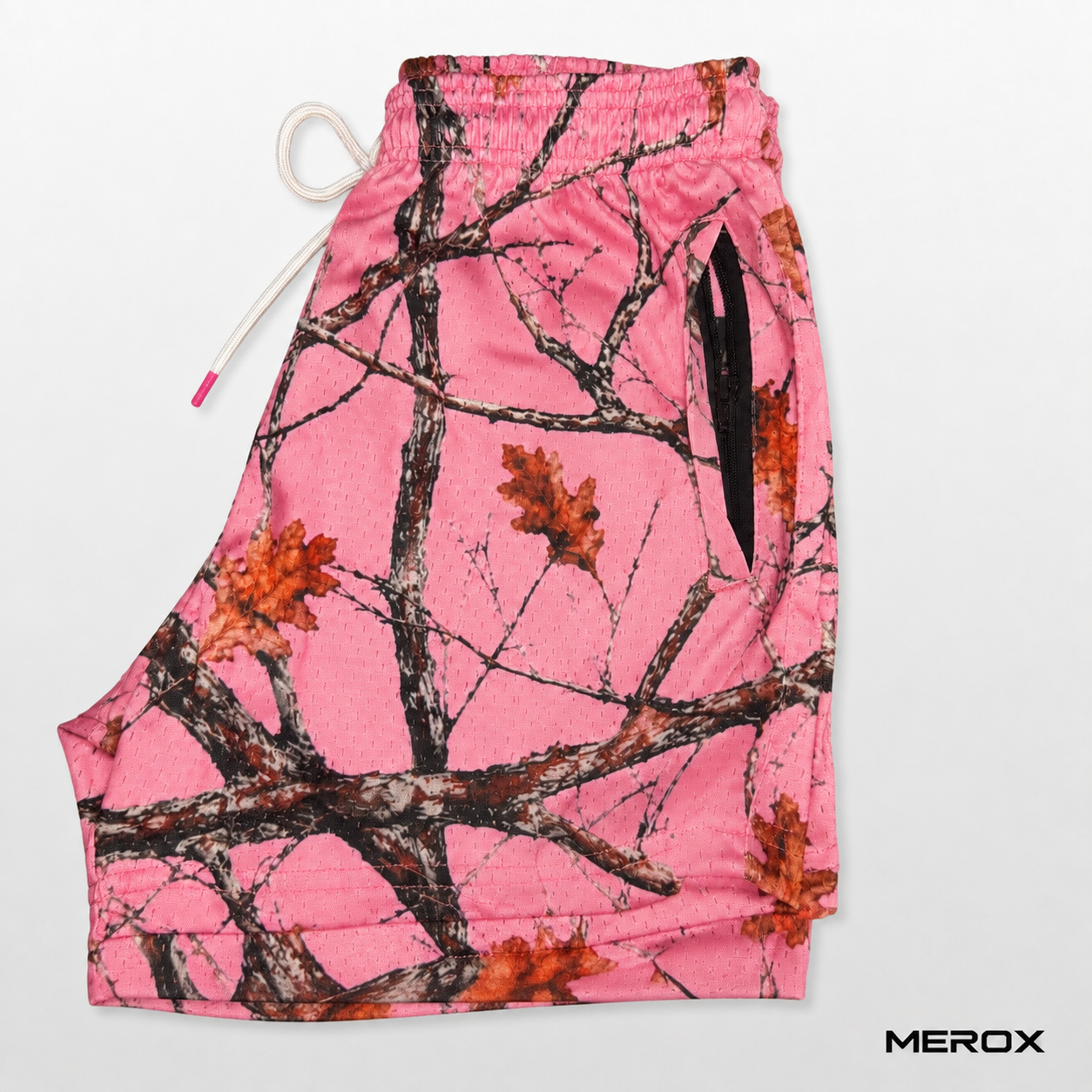 MEROX Pink Camo mesh shorts zipper pocket detail