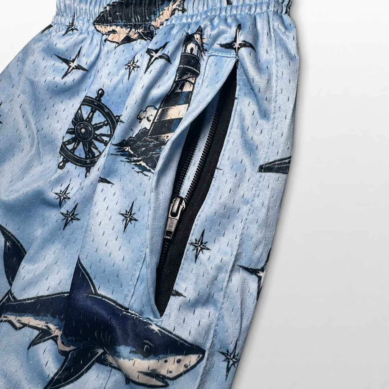 MEROX Shark and Nautical mesh shorts zipper pocket detail