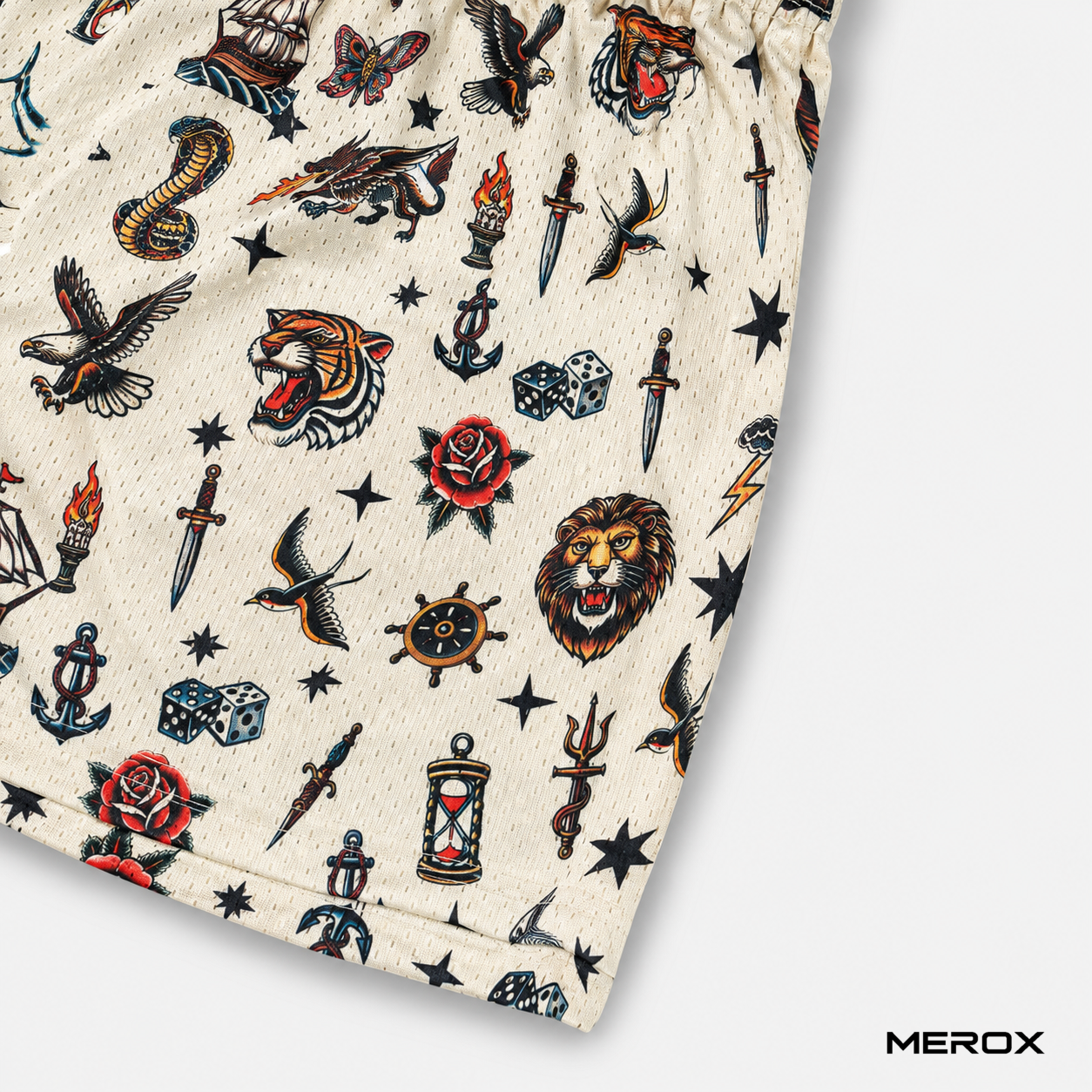 Traditional tattoo artwork detail on MEROX breathable mesh shorts