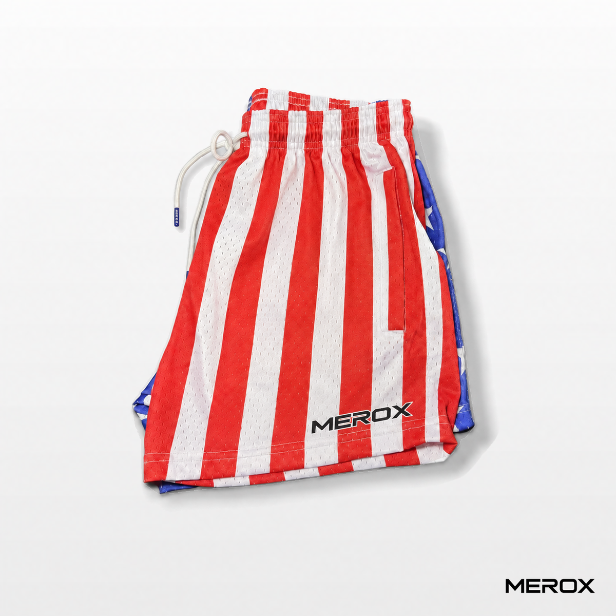 Side detail of MEROX USA striped mesh shorts with a small MEROX logo, white drawstring and self-fabric pocket covering flap.